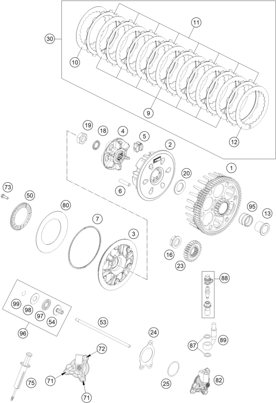 Despiece original completo de Embrague del modelo de KTM 250 EXC-F del año 2023