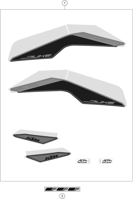 Despiece original completo de Kit Gráficos del modelo de KTM 390 DUKE GREY del año 2023
