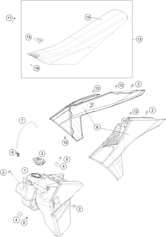 Despiece original completo de Depósito, asiento del modelo de KTM 300 EXC HARDENDURO del año 2025