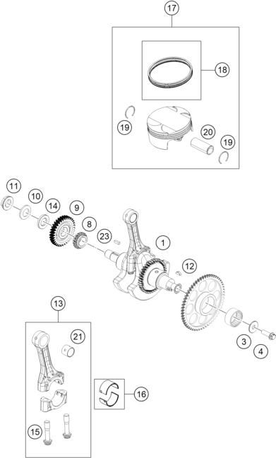 Despiece original completo de Cigüeñal, pistón del modelo de KTM 125 ENDURO R ORANGE del año 2025