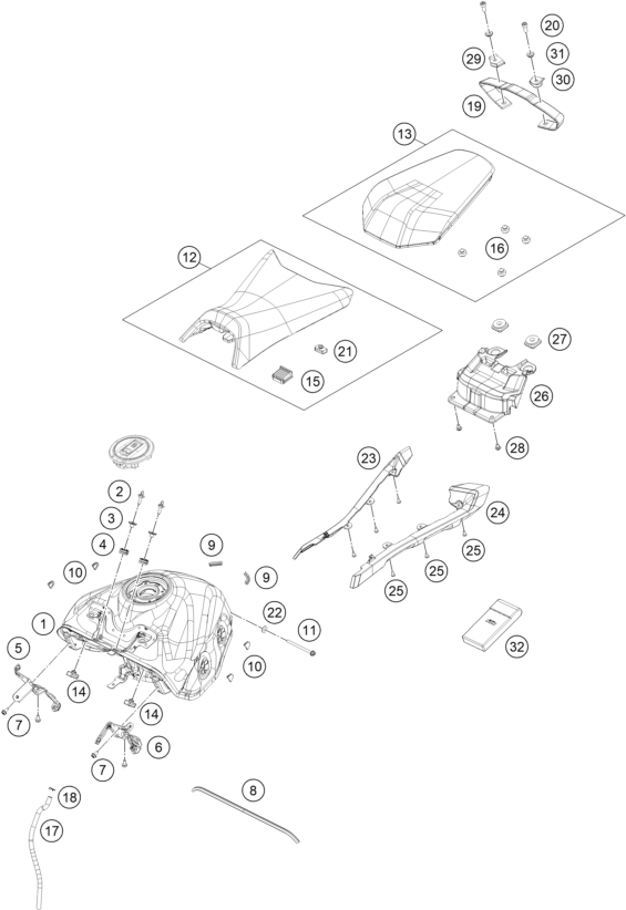 Despiece original completo de Depósito, asiento del modelo de KTM 390 DUKE BLUE del año 2024