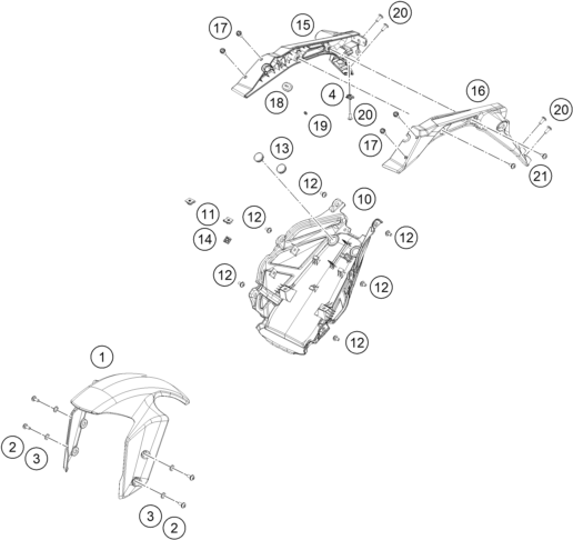 Despiece original completo de Máscara, guardabarros del modelo de KTM 390 DUKE BLUE del año 2024
