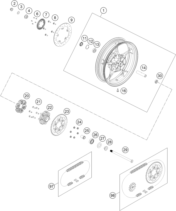 Despiece original completo de Rueda trasera del modelo de KTM 125 DUKE ORANGE del año 2024
