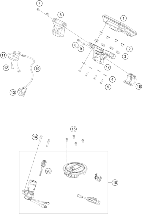 Despiece original completo de Instrumentos / sistema de cierre del modelo de KTM 125 DUKE ORANGE del año 2024