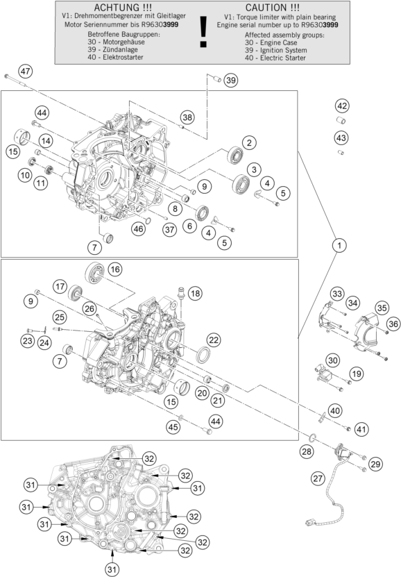 Despiece original completo de Carter del motor del modelo de KTM 390 DUKE BLUE del año 2024
