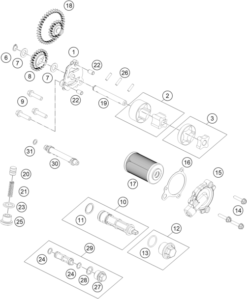 Despiece original completo de Sistema de lubricación del modelo de KTM 390 SMC R del año 2025