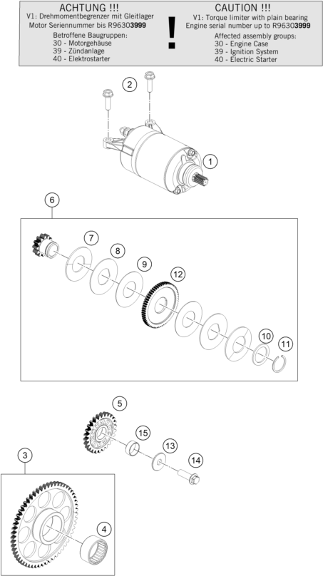 Despiece original completo de Motor de arranque eléctrico del modelo de KTM 390 DUKE ORANGE del año 2024