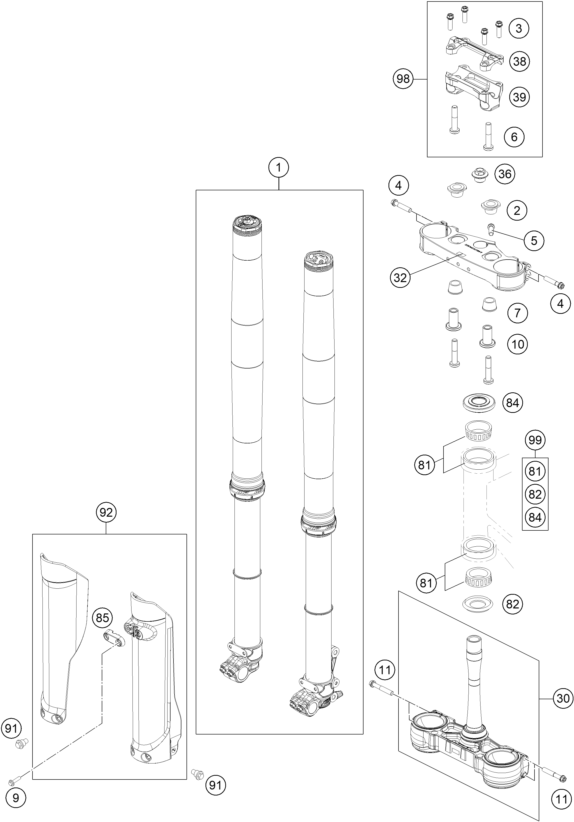Despiece original completo de Horquilla telescópica, pletina de dirección del modelo de KTM 150 SX del año 2025