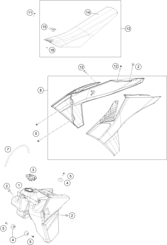 Despiece original completo de Depósito, asiento del modelo de KTM 450 EXC-F SIX DAYS del año 2025