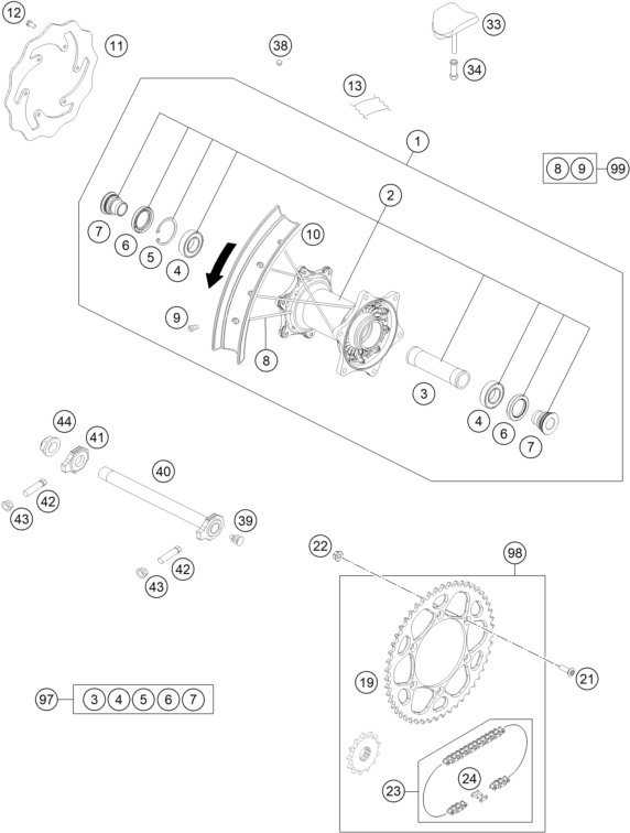 Despiece original completo de Rueda trasera del modelo de KTM 350 EXC-F del año 2024