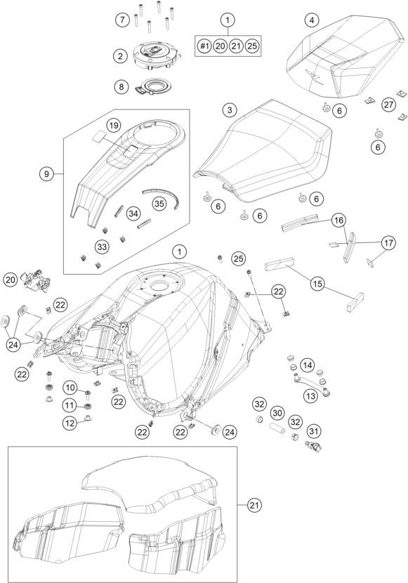 Despiece original completo de Depósito, asiento del modelo de KTM 1390 SUPER DUKE R ORANGE del año 2024