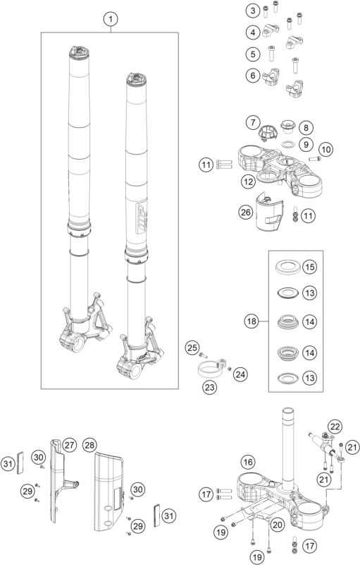 Despiece original completo de Horquilla telescópica, pletina de dirección del modelo de KTM 790 ADVENTURE R del año 2025