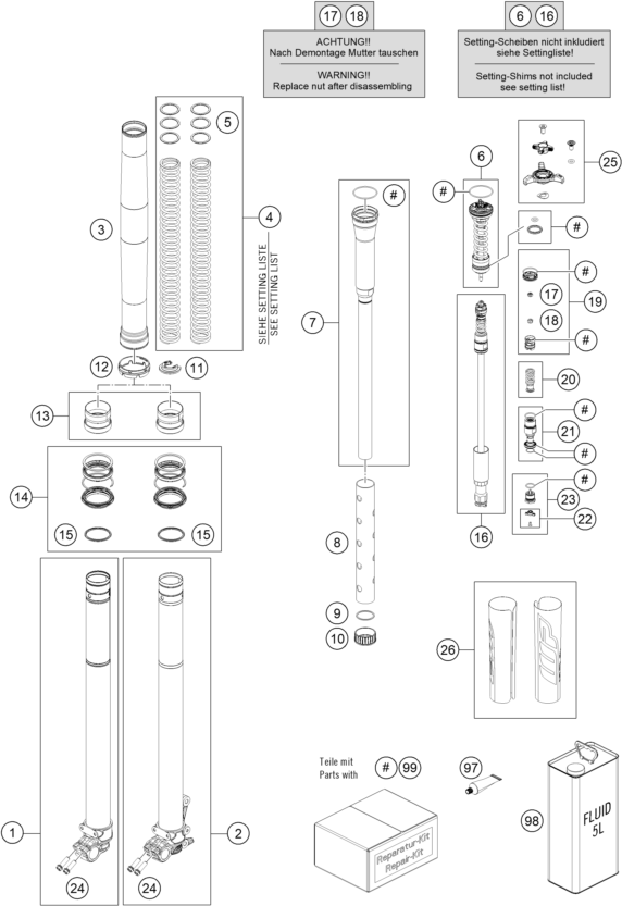 Despiece original completo de Horquilla telescópica del modelo de KTM 300 EXC HARDENDURO del año 2025