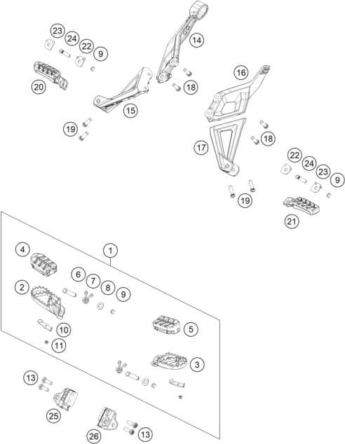 Despiece original completo de Reposapiés del modelo de KTM 1390 SUPER ADVENTURE S EVO BLACK del año 2025