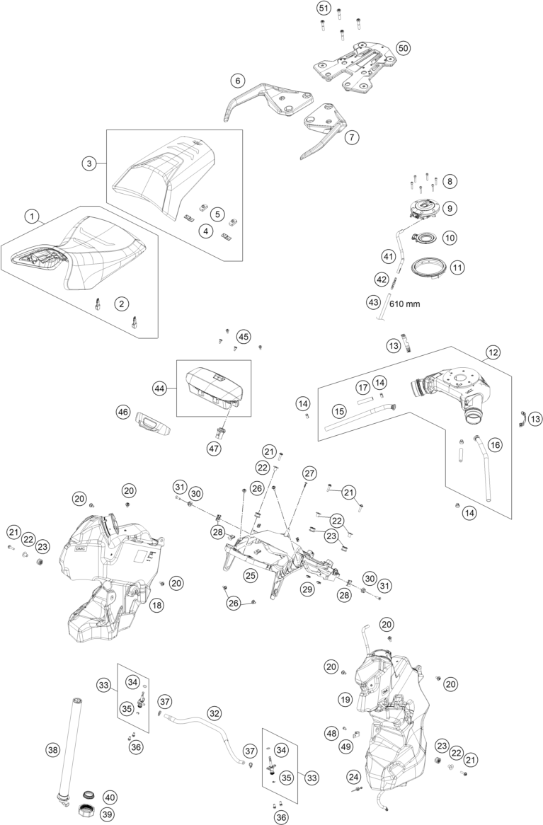 Despiece original completo de Depósito, asiento del modelo de KTM 1390 SUPER ADVENTURE S BLACK del año 2025