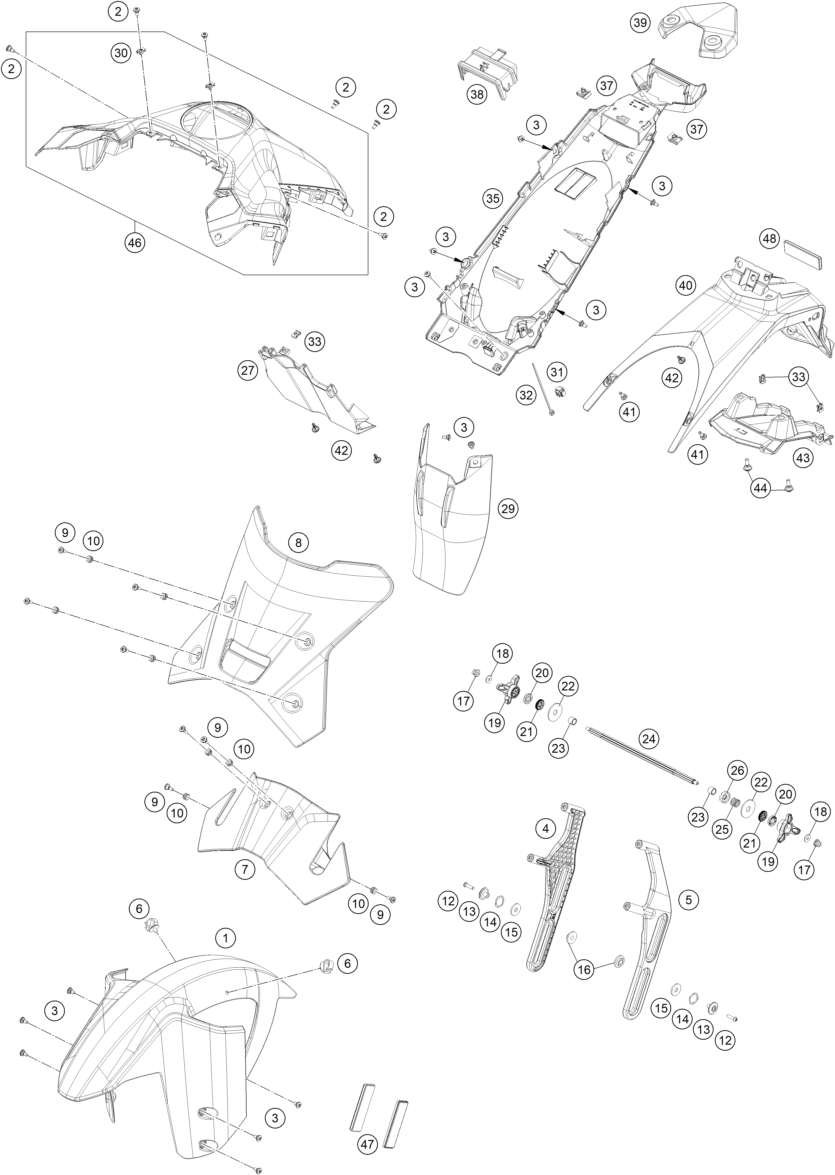 Despiece original completo de Máscara, guardabarros del modelo de KTM 1390 SUPER ADVENTURE S EVO ORANGE del año 2025