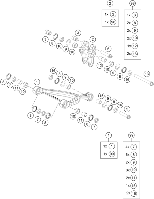 Despiece original completo de Articulación pro lever del modelo de KTM 990 DUKE R WHITE del año 2025