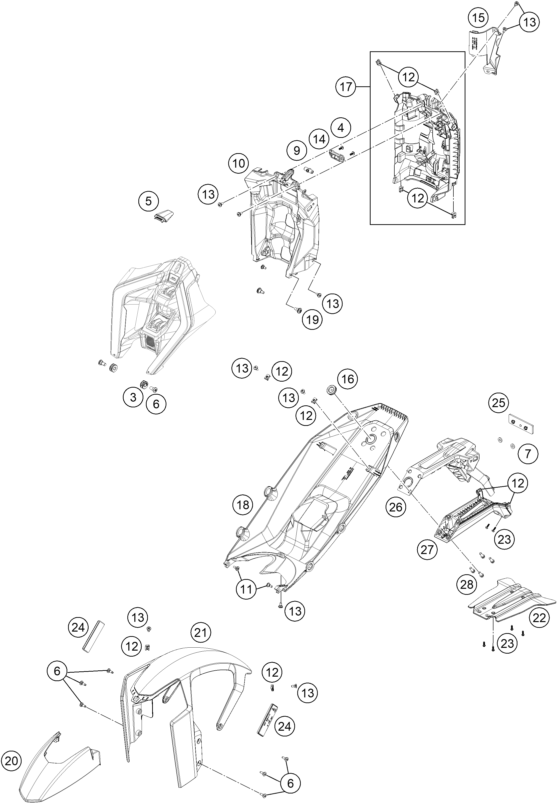 Despiece original completo de Máscara, guardabarros del modelo de KTM 990 DUKE R WHITE del año 2025