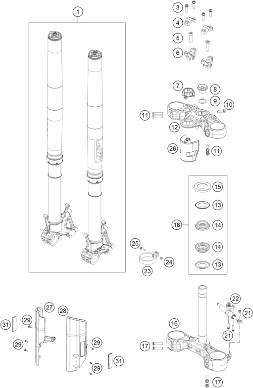 Despiece original completo de Horquilla telescópica, pletina de dirección del modelo de KTM 890 ADVENTURE R del año 2025