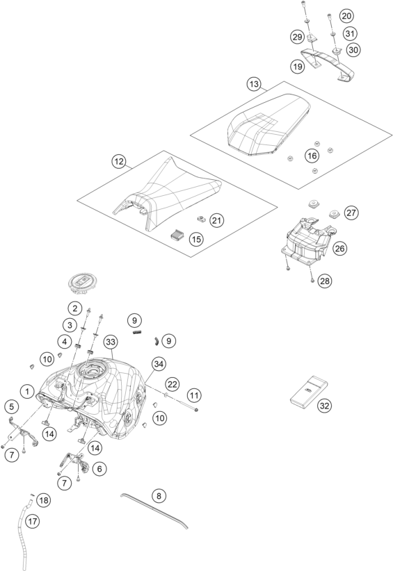Despiece original completo de Depósito, asiento del modelo de KTM 125 DUKE ORANGE del año 2025