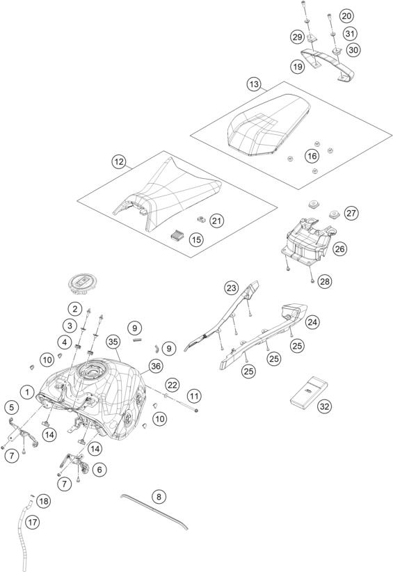 Despiece original completo de Depósito, asiento del modelo de KTM 390 DUKE ORANGE del año 2025