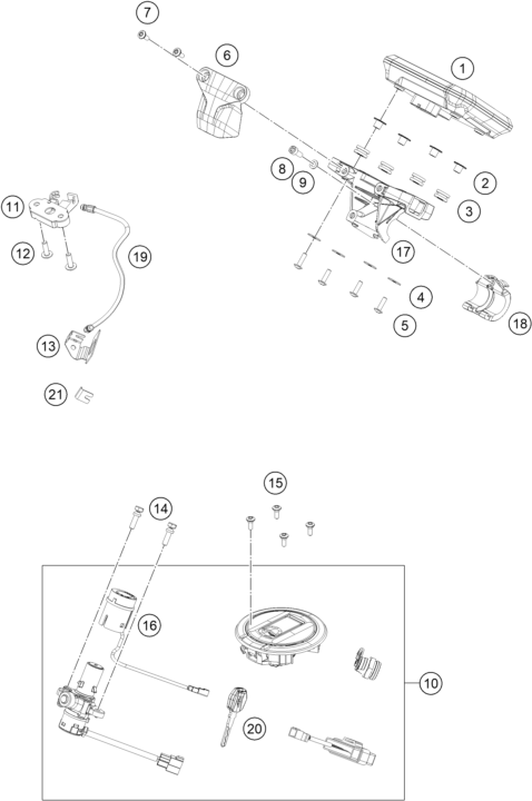 Despiece original completo de Instrumentos / sistema de cierre del modelo de KTM 390 DUKE BLUE del año 2025