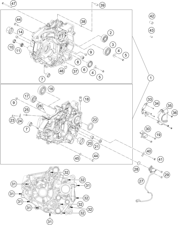 Despiece original completo de Carter del motor del modelo de KTM 390 SMC R del año 2025