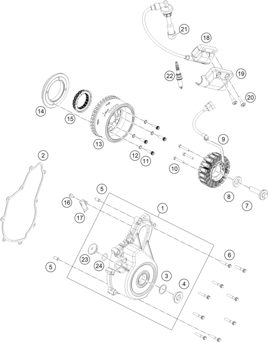 Despiece original completo de Sistema de encendido del modelo de KTM 390 SMC R del año 2025