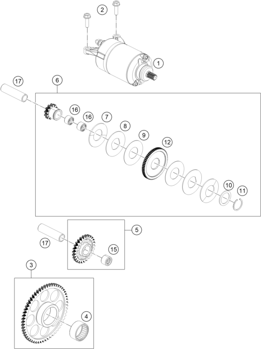 Despiece original completo de Motor de arranque eléctrico del modelo de KTM 390 DUKE BLUE del año 2025