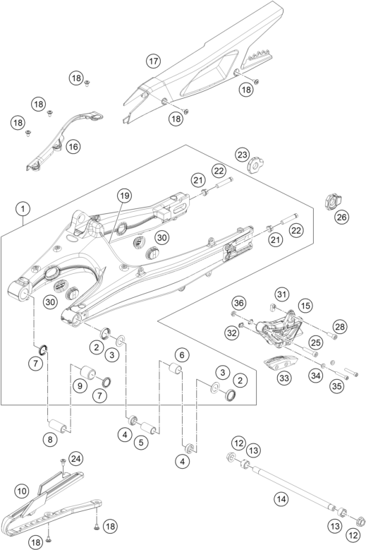 Despiece original completo de Basculante del modelo de KTM 125 ENDURO R ORANGE del año 2025