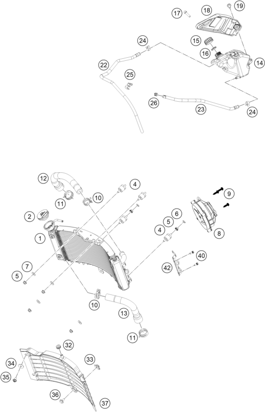 Despiece original completo de Sistema de refrigeración del modelo de KTM 125 SMC R del año 2025