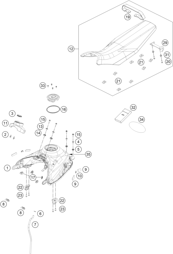 Despiece original completo de Depósito, asiento del modelo de KTM 390 SMC R del año 2025