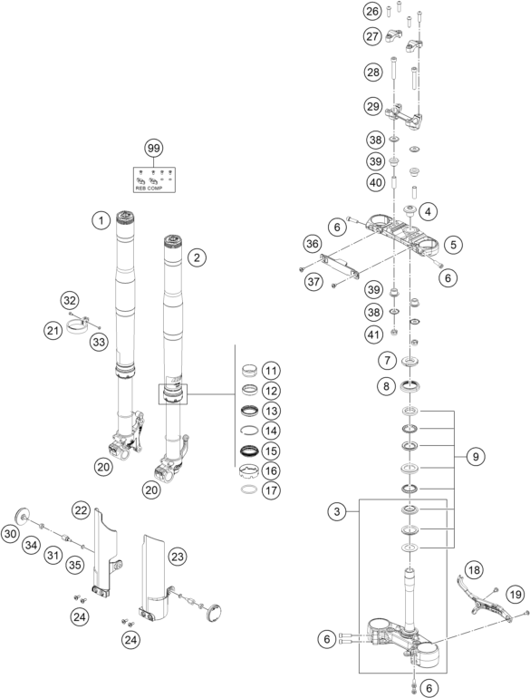 Despiece original completo de Horquilla telescópica, pletina de dirección del modelo de KTM 125 SMC R del año 2025