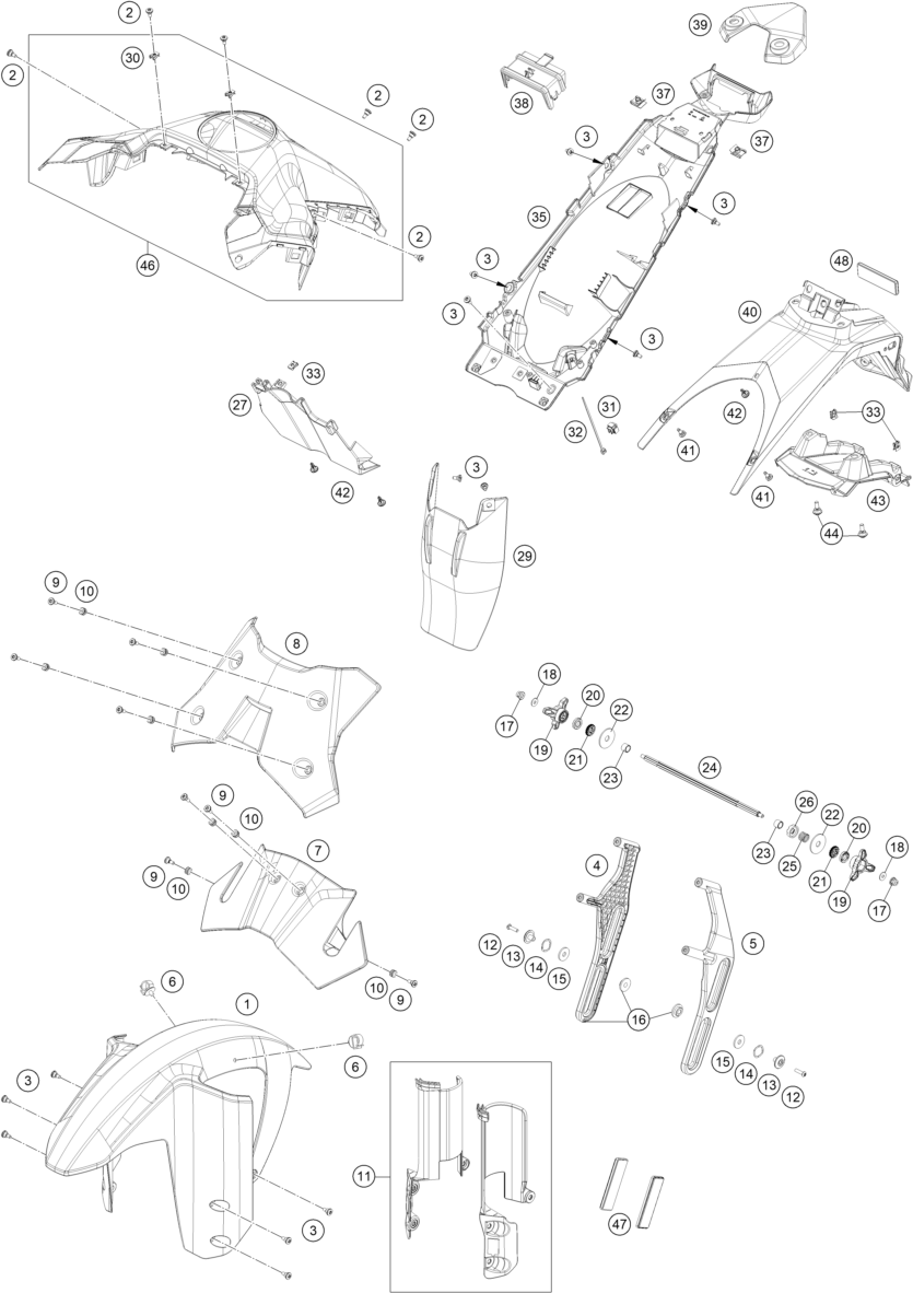 Despiece original completo de Máscara, guardabarros del modelo de KTM 1390 SUPER ADVENTURE R del año 2025