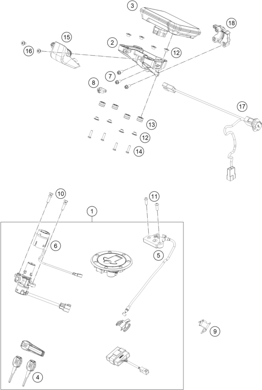 Despiece original completo de Instrumentos / sistema de cierre del modelo de KTM 790 DUKE L ORANGE del año 2025